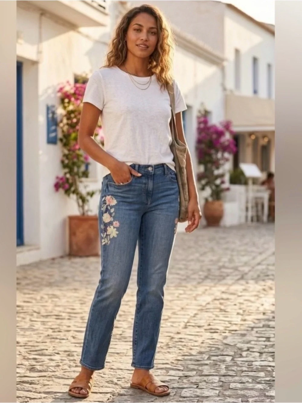 Lucky Brand Medium Blue Straight Jeans with Floral Embroidery